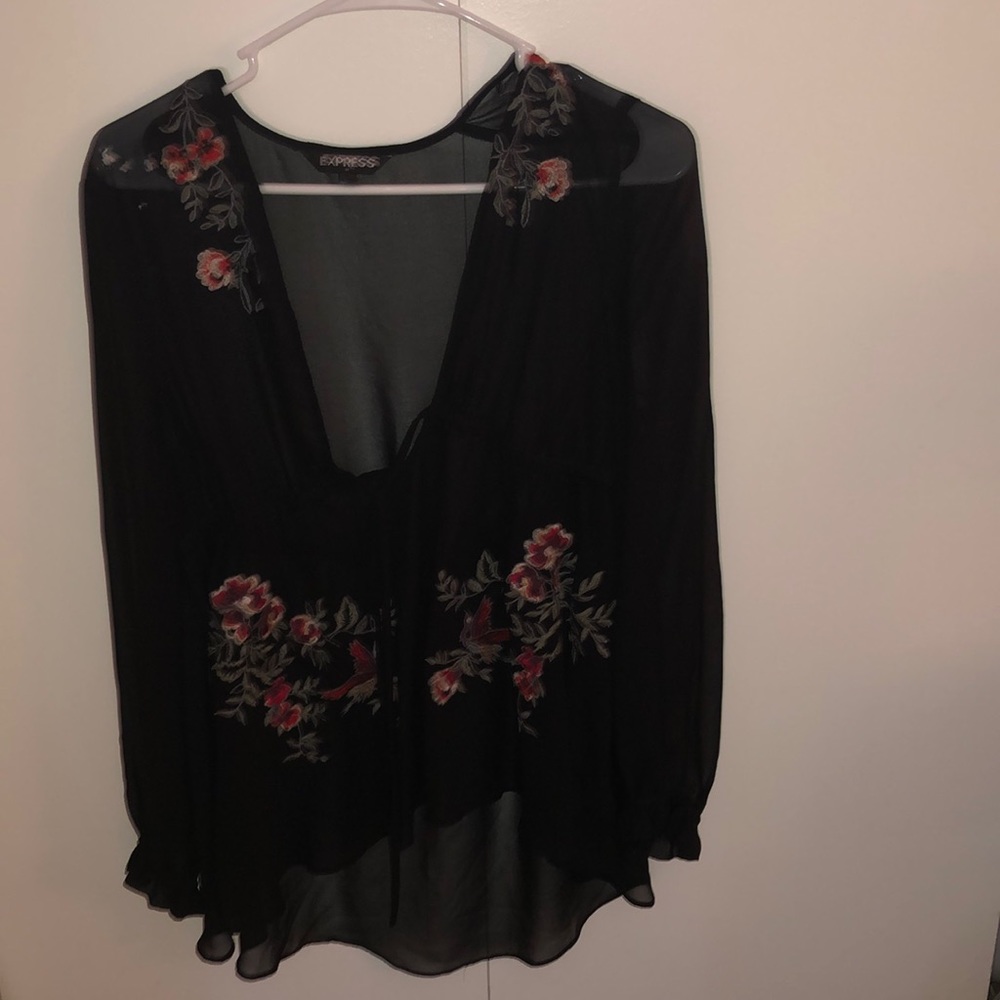 Sheer Black Blouse w/ Floral Detail